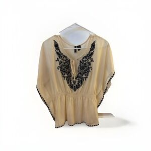 Wilster Womens Embroidered Blouse Large Beige Black Batwing Pullover